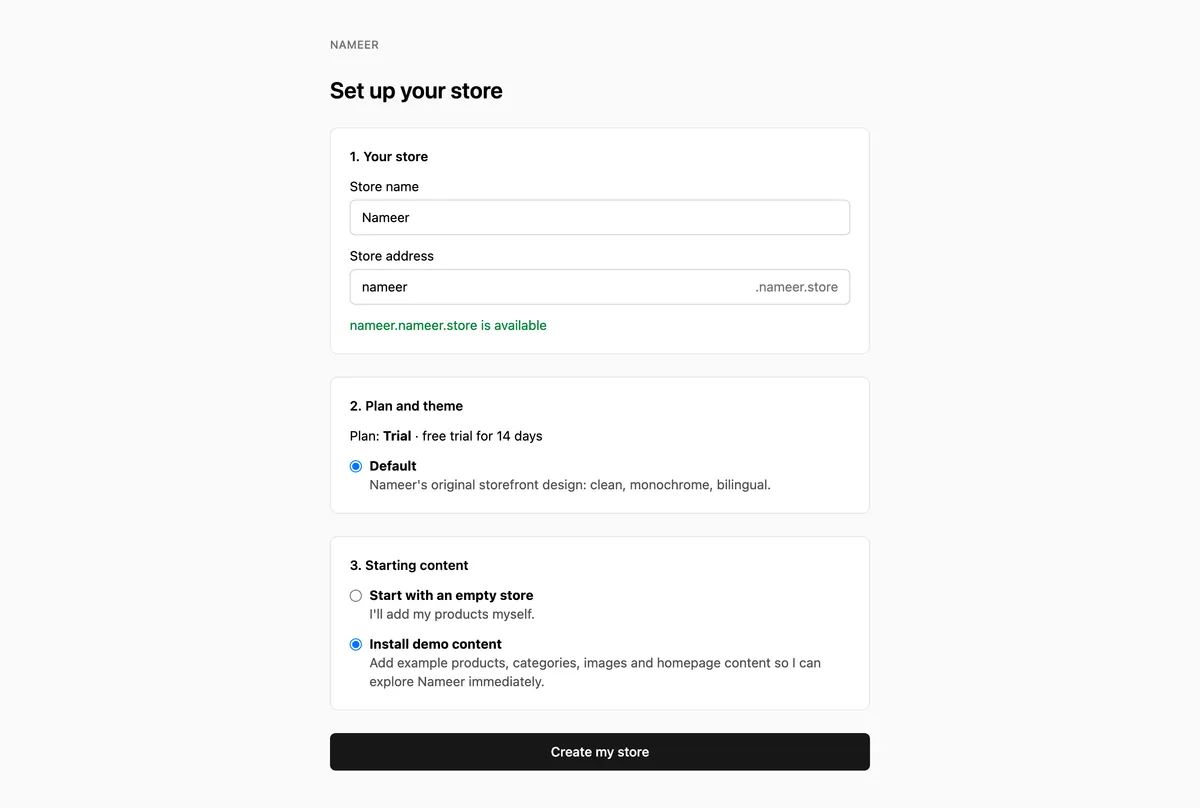 The Nameer onboarding form: store name and address, theme and starting content